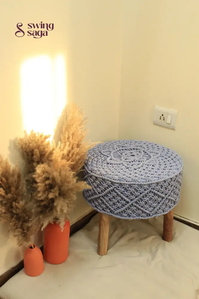 Sky blue macrame handwoven ottoman.