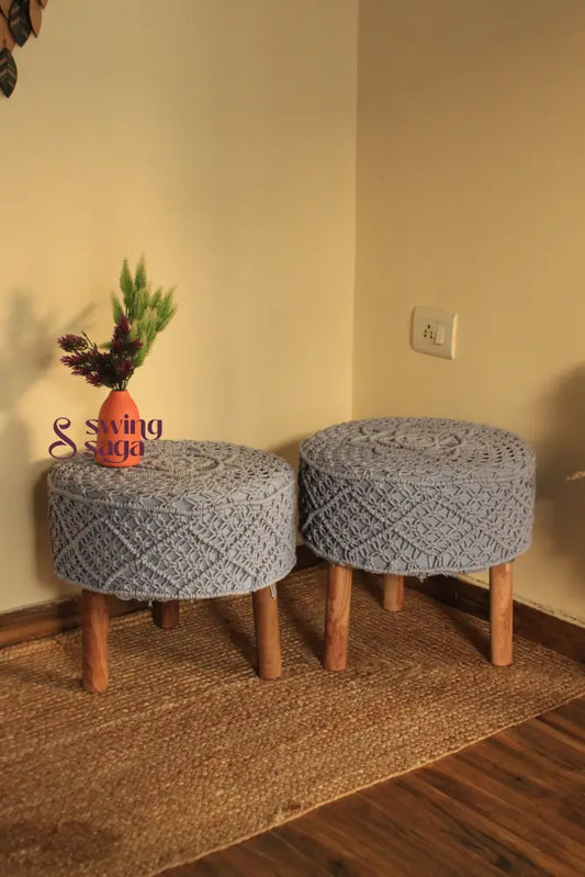 Set of two macrame handwoven ottoman in  blue color.