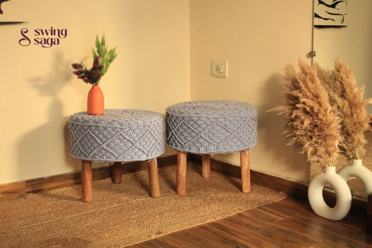 Set of two macrame handwoven ottoman in  blue color.