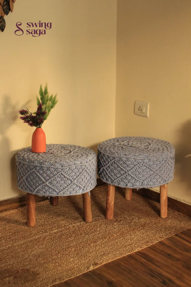 Set of two macrame handwoven ottoman in  blue color.