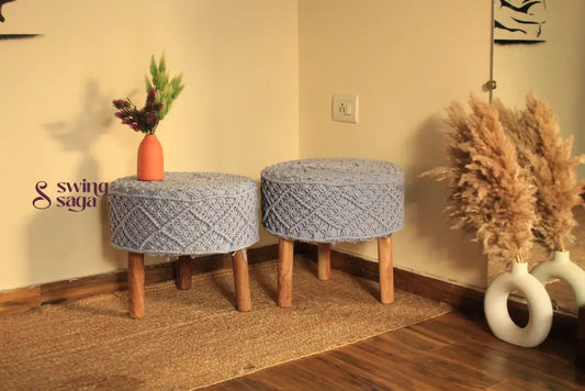 Set of two macrame handwoven ottoman in  blue color.