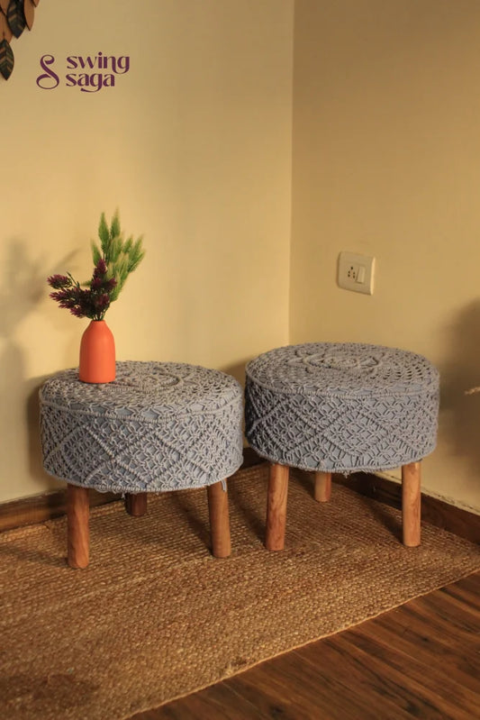 Set of two macrame handwoven ottoman in  blue color.