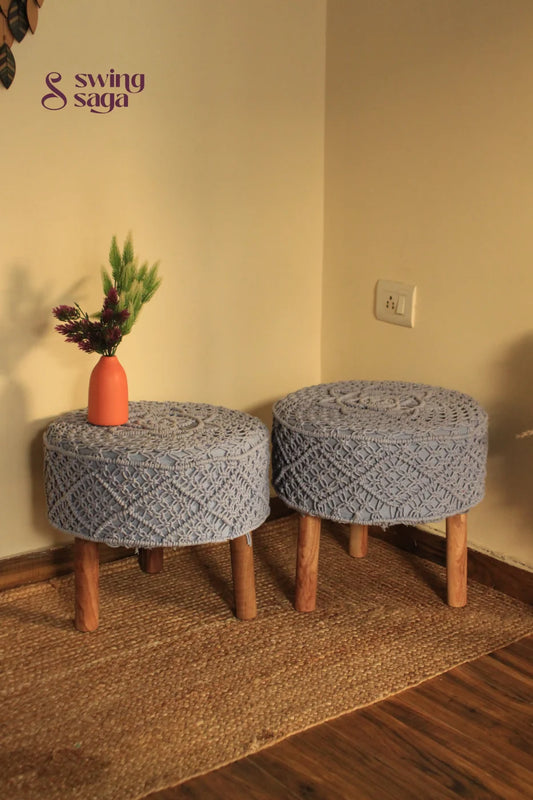 Set of two macrame handwoven ottoman in  blue color.