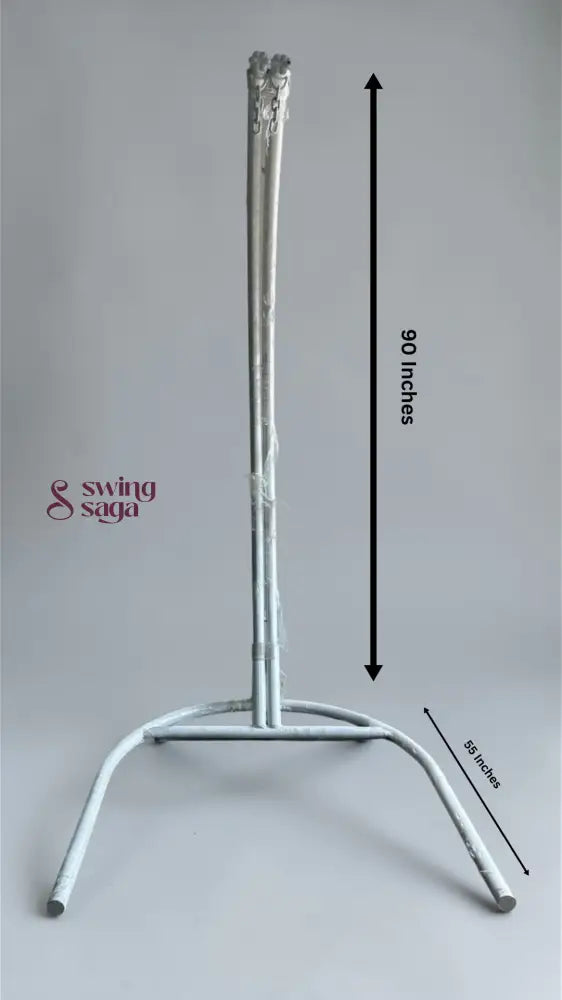 Metal stand with dimensions indicated on a gray background