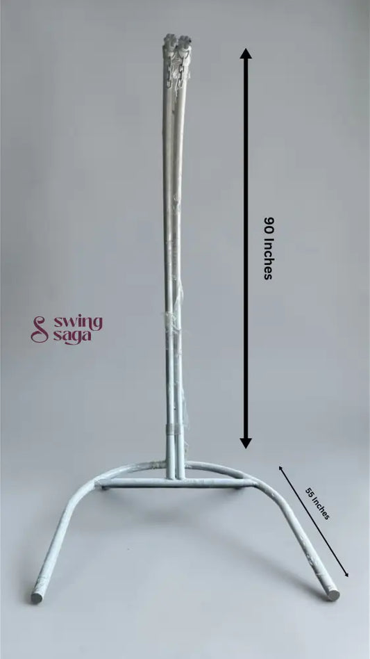 Metal stand with dimensions indicated on a gray background