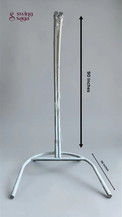 Metal stand with dimensions indicated on a gray background
