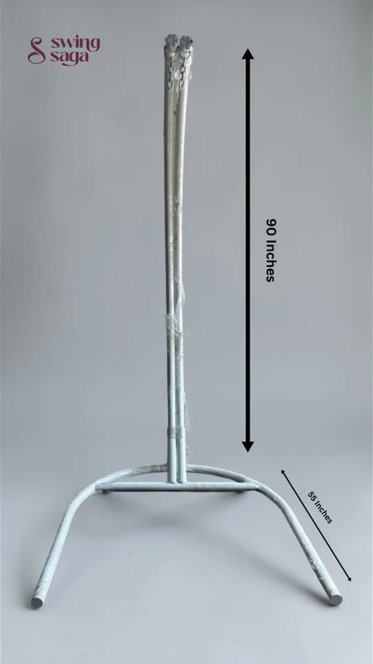 Metal stand with dimensions indicated on a gray background