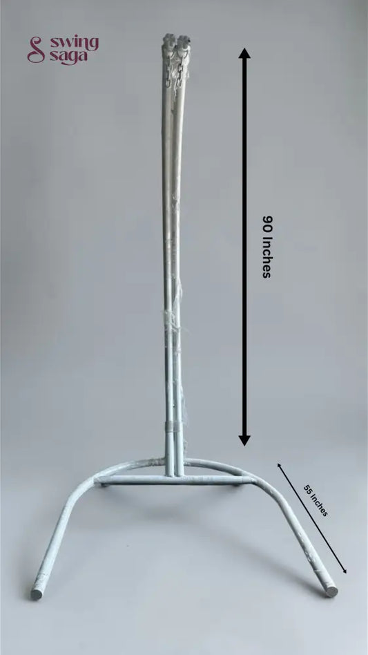 Metal stand with dimensions indicated on a gray background