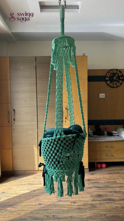 Macrame hanging baby swing detailed back image.