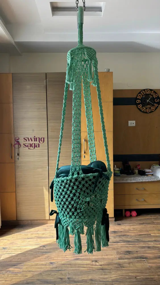 Macrame hanging baby swing detailed back image.