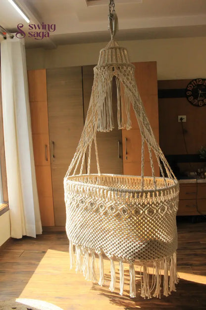 Handmade macrame hanging chair swing in natural cotton with tassels – indoor boho hanging swing by Swing Saga