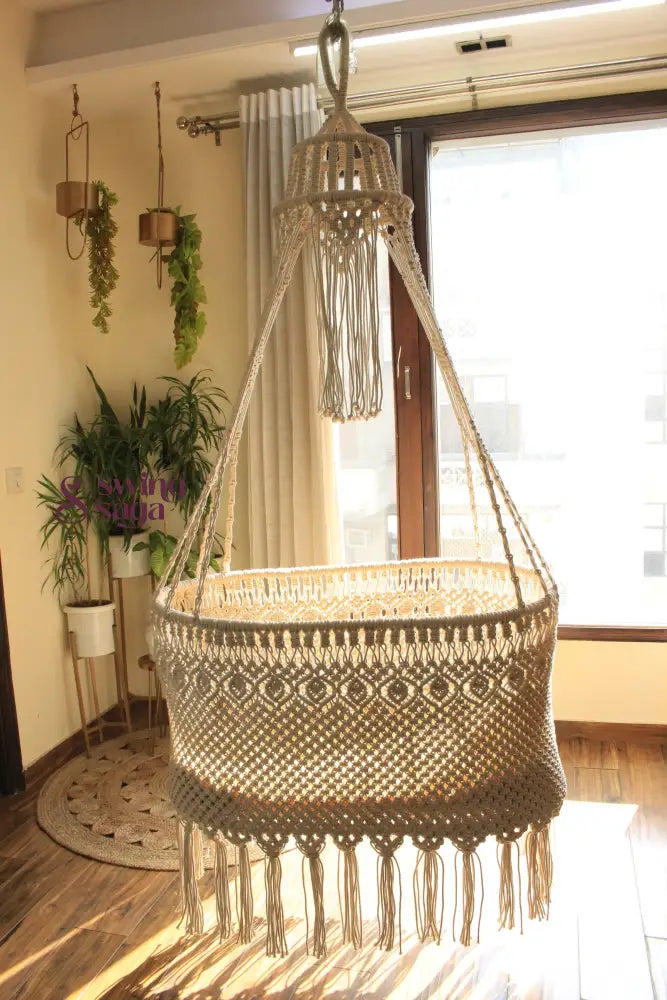 Boho macrame hanging chair swing for living room – handcrafted cotton indoor swing with fringe details