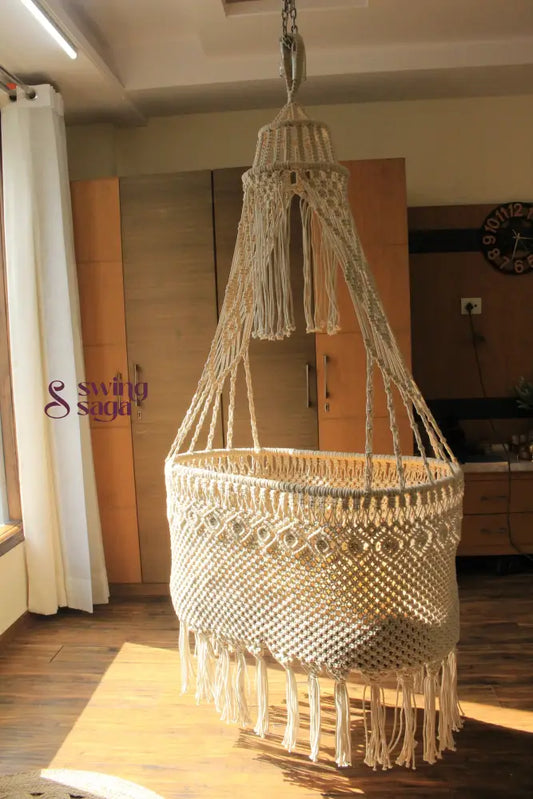 Handmade macrame hanging chair swing in natural cotton with tassels – indoor boho hanging swing by Swing Saga