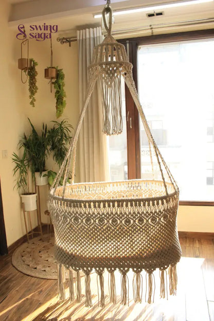 Boho macrame hanging chair swing for living room – handcrafted cotton indoor swing with fringe details