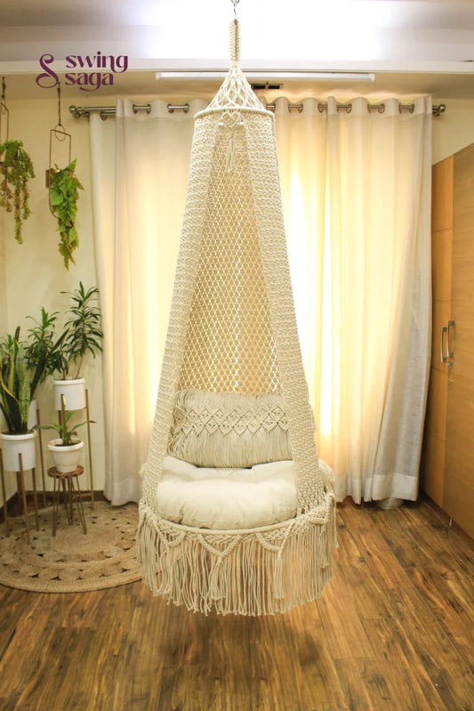 Cream White single seater hanging chair - Swing Saga