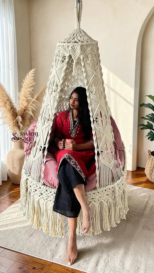 Handmade Macrame Hanging Chair for Balcony White / 40 Inches