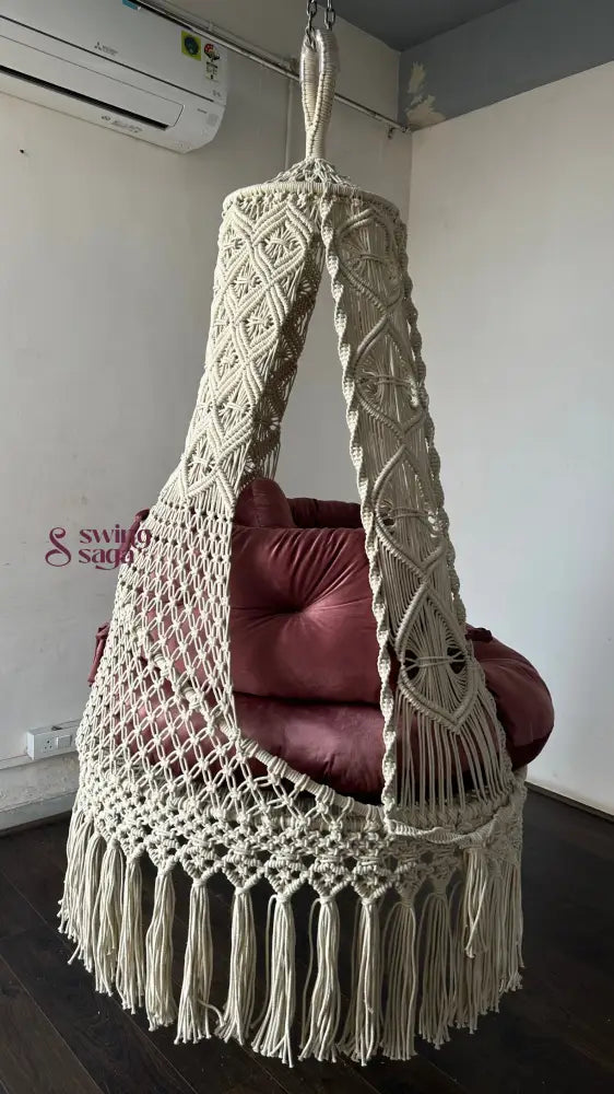 Handmade Macrame Hanging Chair for Balcony White / 40 Inches