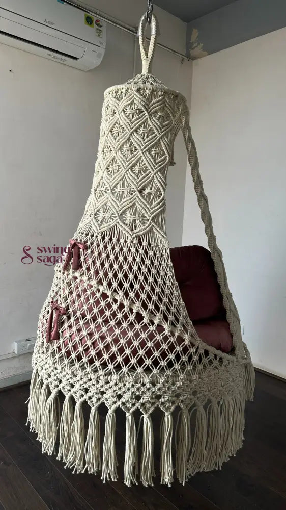 Handmade Macrame Hanging Chair for Balcony White / 40 Inches