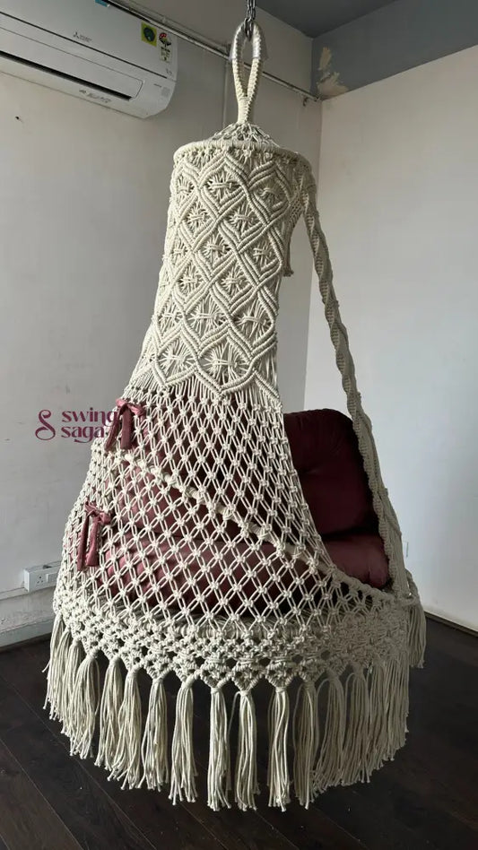 Handmade Macrame Hanging Chair for Balcony White / 40 Inches