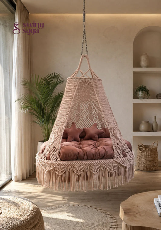 Handwoven Hanging Queen Sofa Bed Swing by Swing Saga - 65 inches / Toffee Peach / IN