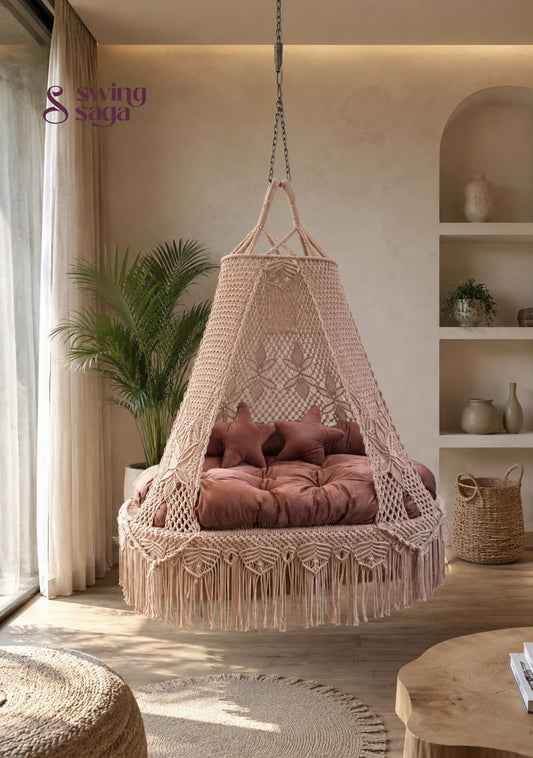 Handwoven Hanging Queen Sofa Bed Swing by Swing Saga - 65 inches / Toffee Peach / IN