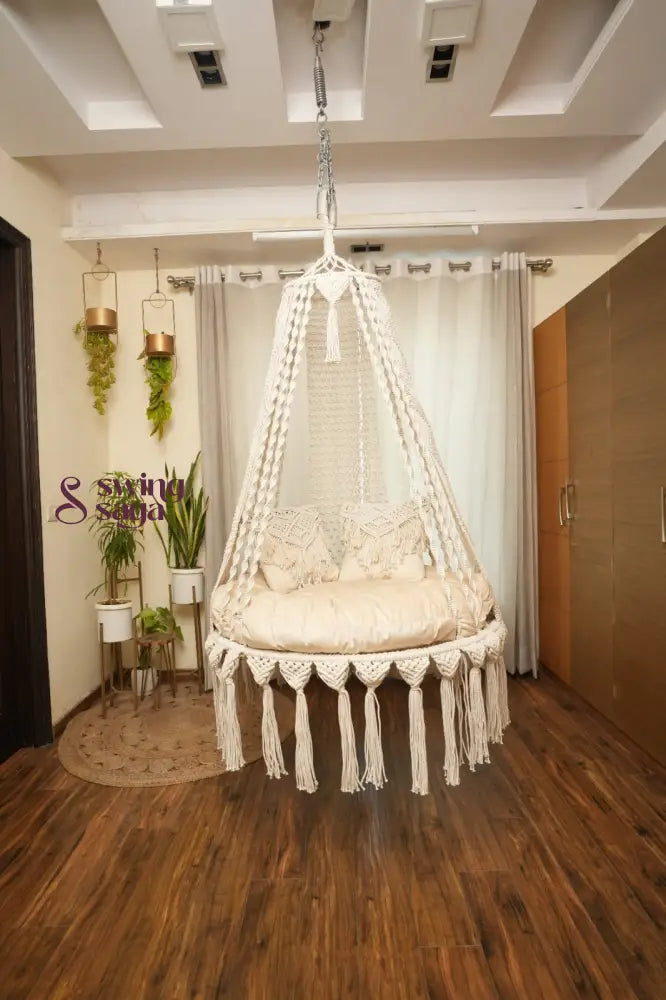 Cream White single seater hanging chair - Swing Saga
