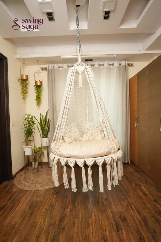 Cream White single seater hanging chair - Swing Saga
