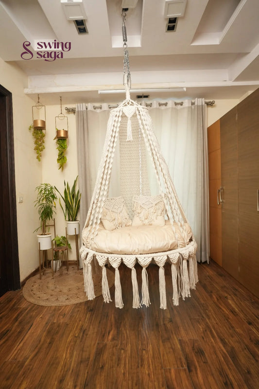 Cream White single seater hanging chair - Swing Saga