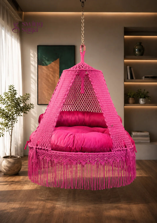 Hot Pink 60” Macrame Bed Swing – Boho Hanging Round Bed - 65 inches / Hot Pink / IN