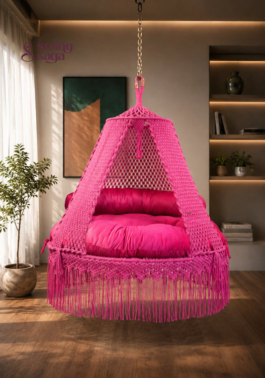 Hot Pink 60” Macrame Bed Swing – Boho Hanging Round Bed - 65 inches / Hot Pink / IN