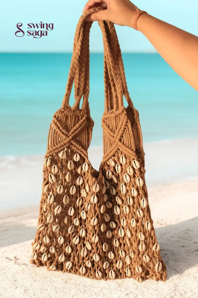 A girl holding a beige color bag with corn shells for everyday use on a beach, or for casual outing