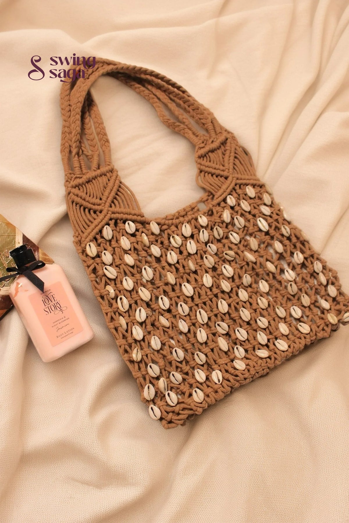 macrame bohemian bag with shells for everyday use.