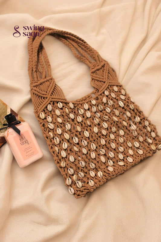 macrame bohemian bag with shells for everyday use.