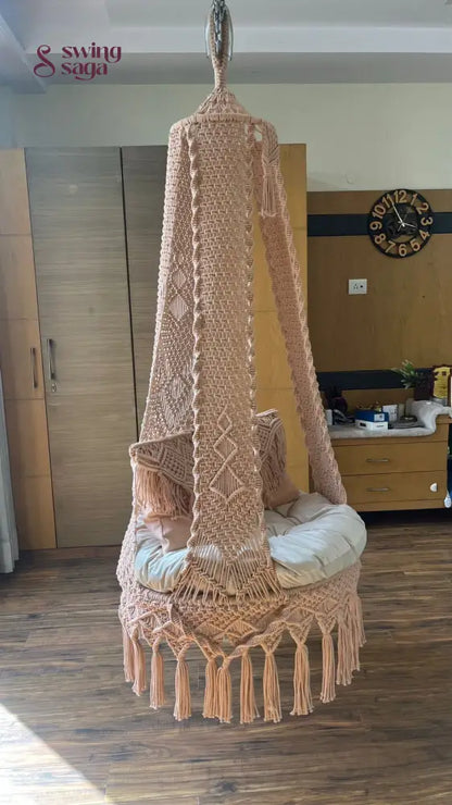 Macrame hanging swing, perfect for minimal home decor.