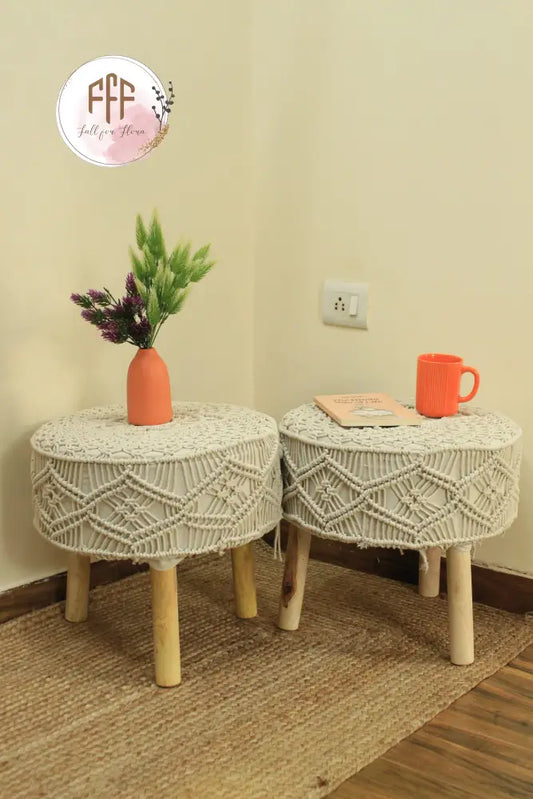 Ivory Macrame Ottoman - Set Of 2