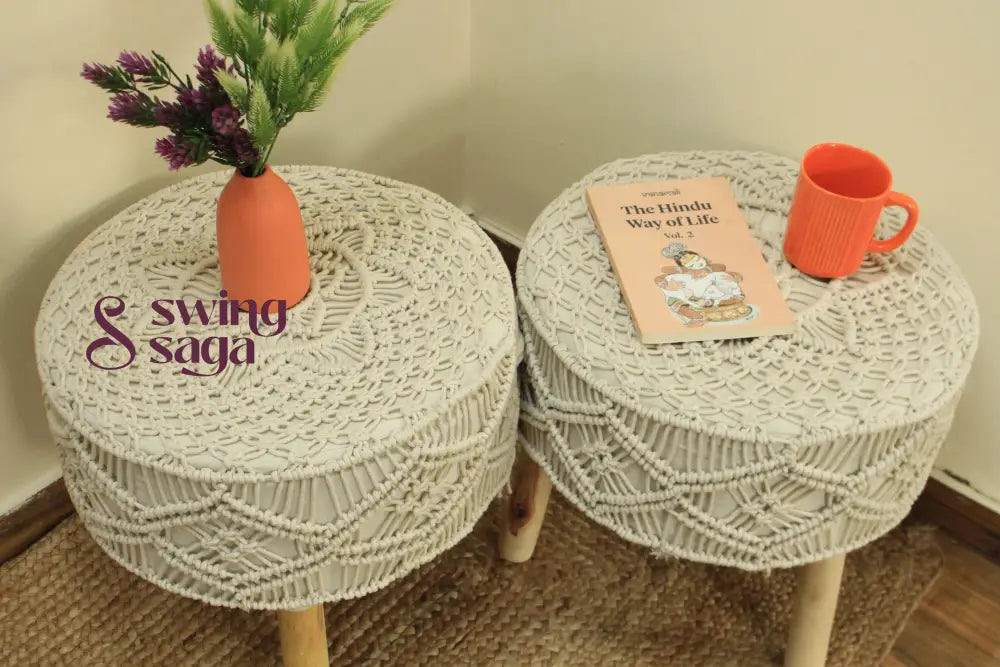 Ivory Macrame Ottoman - Set Of 2