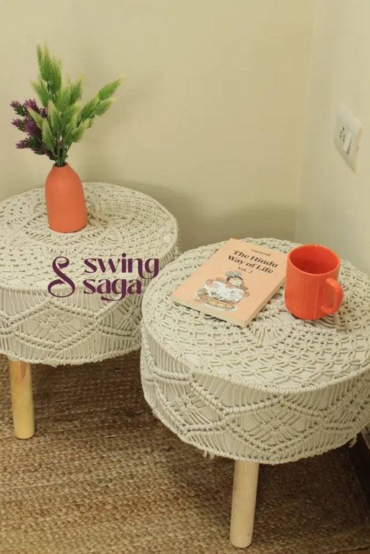 Ivory Macrame Ottoman - Set Of 2