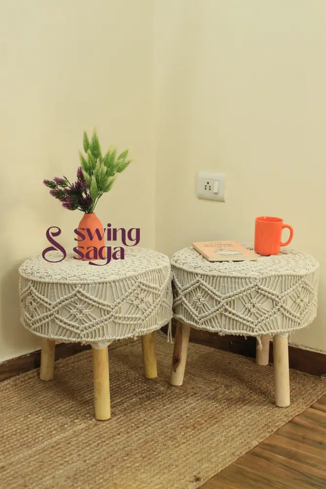 Ivory Macrame Ottoman - Set Of 2