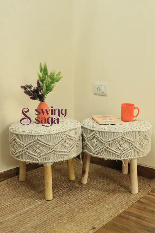 Ivory Macrame Ottoman - Set Of 2
