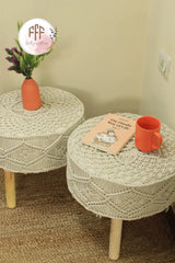 Ivory Macrame Ottoman - Set Of 2