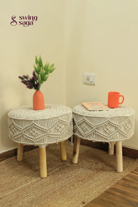 Pair of macrame ottoman in white color.