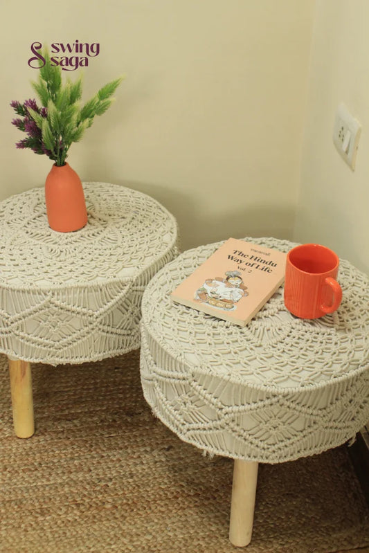 Pair of macrame ottoman in ivory color.