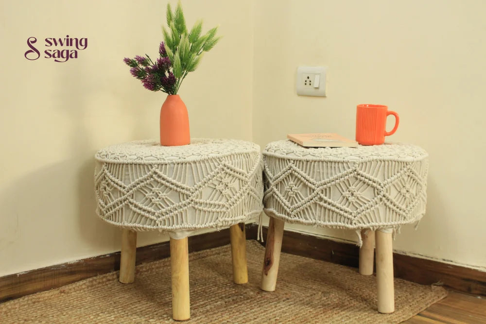 Pair of macrame ottoman in ivory color.