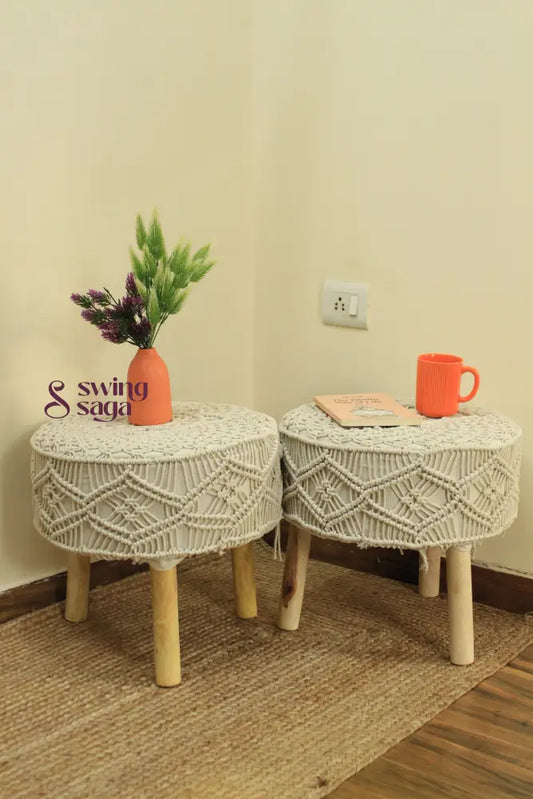 Pair of macrame ottoman in white color.