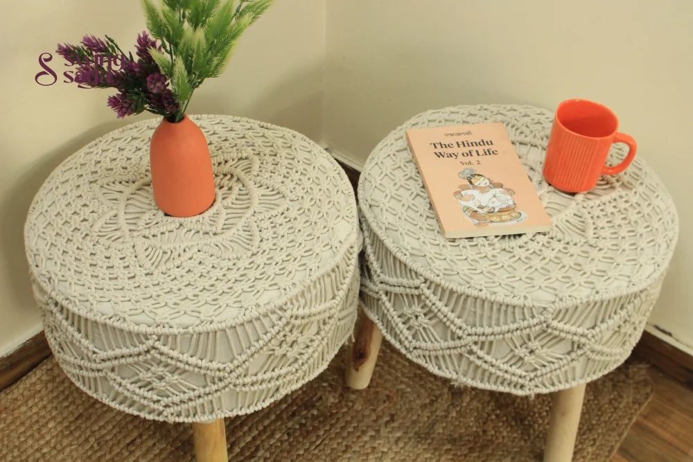 Pair of macrame ottoman in ivory color.
