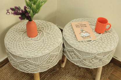 Pair of macrame ottoman in ivory color.