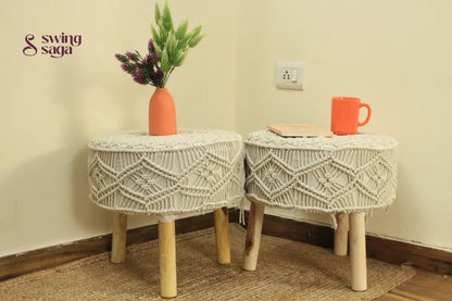 Pair of macrame ottoman in ivory color.