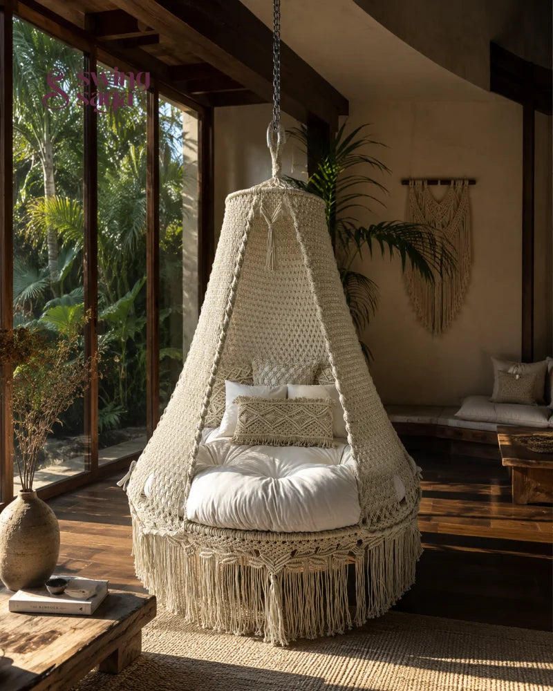 Lumi Bed Swing – Macrame Hanging Bed & Boho Indoor Daybed Chair - Ivory / 60 inches