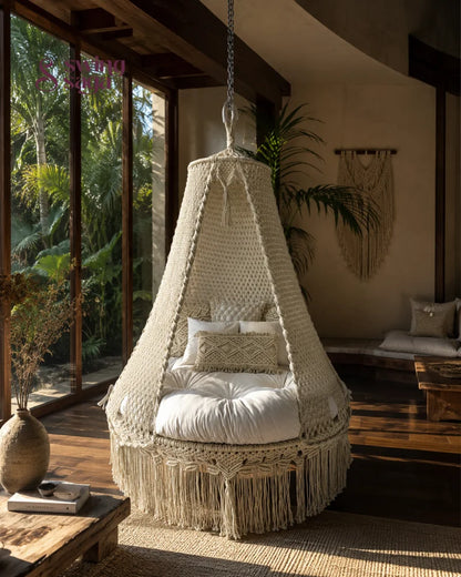 Lumi Bed Swing – Macrame Hanging Bed & Boho Indoor Daybed Chair - Ivory / 60 inches