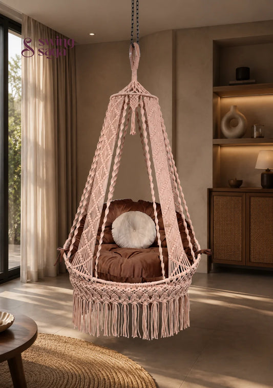 Macrame Bronzer hanging Chair Swing by swing saga - 40 Inches / Light Peach / IN
